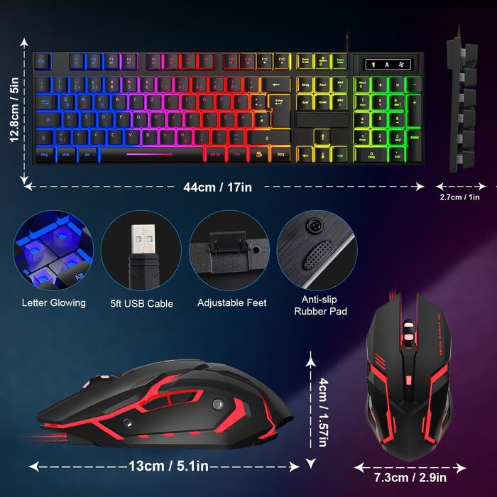 Ігровий набір клавіатури та миші QWERTZ DE, RGB підсвітка, ергономічна миша, великий килимок, USB для PC, PS4, Xbox