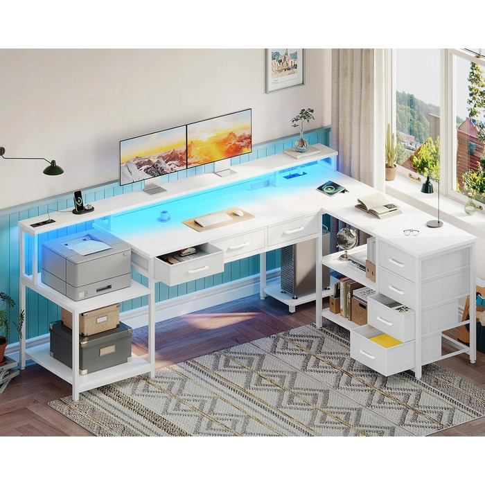 Кутовий ігровий стіл L-подібний, білий, з 7 шухлядами та LED-підсвіткою