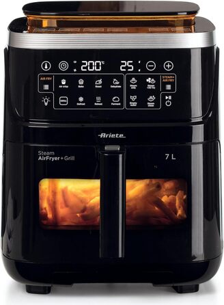 Фритюрниця Ariete 4636 з функцією пари та грилем, 1700W, сушильна функція, 10 режимів приготування, прозорий кошик, таймер, підсвітка, чорний колір