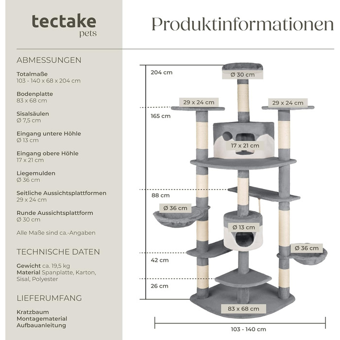 Дерево для котів tectake® XXL з аксесуарами: лежанка, 2 котячі будиночки, когтеточка з сизалевого мотузка, сірий/білий