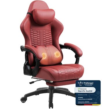 Ігровий крісло Dowinx Big and Tall з масажем попереку, підніжка, ергономічний комп'ютерний стілець, PU шкіра, 180 кг (Червоний)