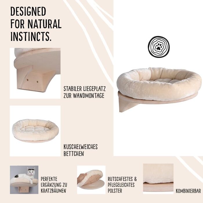 Крісло-лежанка для котів Dahlia - Кругле ліжко з м'яким бортиком та кріпленням на липучці | Крізь-стіна для котів | Діаметр 48 см (Крем)