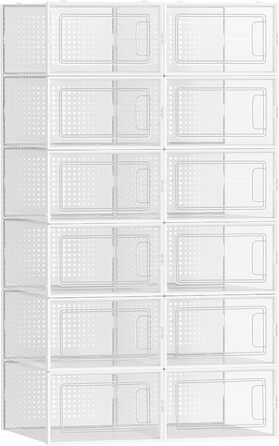 SONGMICS Shoe Boxes, 12-Piece Set, Plastic Shoe Organizer, Foldable and Stackable, for Shoes up to Size 44, Transparent-White LSP12SWT