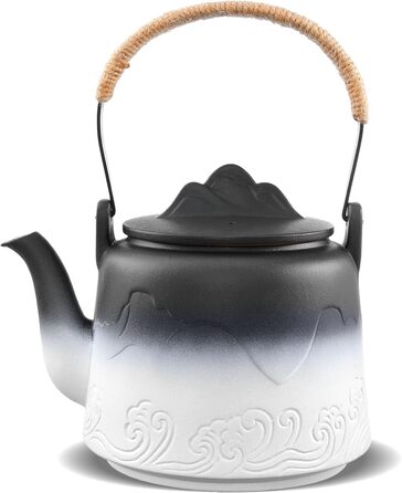 ZENS Design Japanese Teapot, 1000ml Gradient Embossed Japanese Teapot Ceramic with Built-in Strainer and Hemp Rope Handle for Loose Tea Steeper, Gift for Tea Lovers, Black & Bean Green (Black & White, 1000ml Teapot)