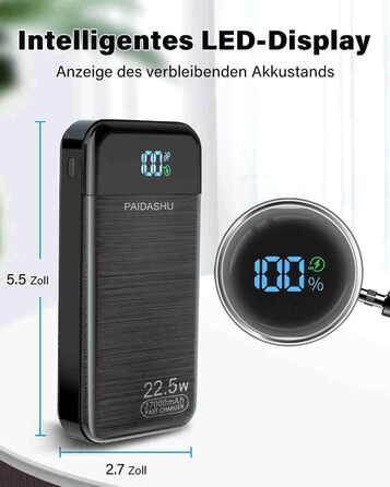 Портативний зарядний акумулятор Power Bank 27000mAh 22.5W з LCD дисплеєм, 1 USB-C, 2 USB-A для смартфонів, планшетів, подорожей та кемпінгу
