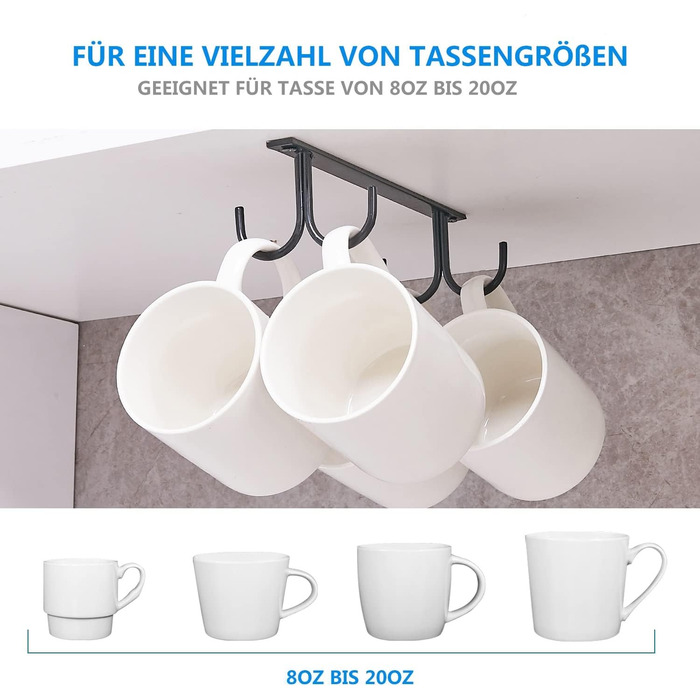 Тримач для чашок під шафу FOMANSH: 12 гачків для кухні, підставка для чашок, кавових горнятків, білий/чорний