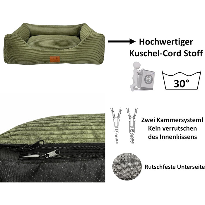 Ортопедичне ліжко для собак Elropet з м'якого корду, корзина для собак (Оливковий, XS/S/M/L/XL)