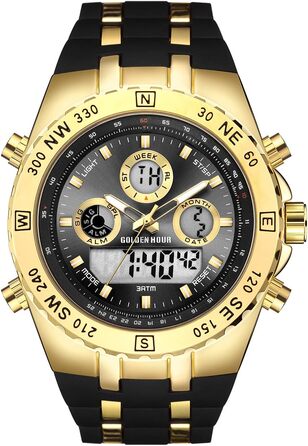 Чоловічий військовий годинник: спортивний, з датою, будильником, світлодіодом, секундоміром. Великий годинник для чоловіків (чорний, золотий)