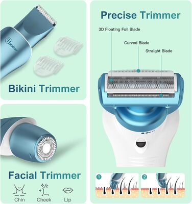 Електричний епілятор Hatteker 3-в-1 для жінок: тример, брітор та епілятор. З LED-дисплеєм, IPX7, USB-зарядка (Блакитний)