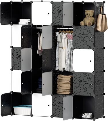 DIY Closet Shelf System, 16 Cubes Wardrobe Closet, Open Closet, Plastic Wardrobe with Doors, Wardrobe Cabinet, Black, 180 x 142 x 37CM (Black and White, 20 Cubes)