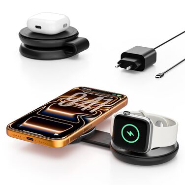 Бездротовий зарядний пристрій 2-в-1 Qi2 25W з MagSafe для iPhone 15/14/13/12, Apple Watch, AirPods + Блок живлення 30W (Чорний)