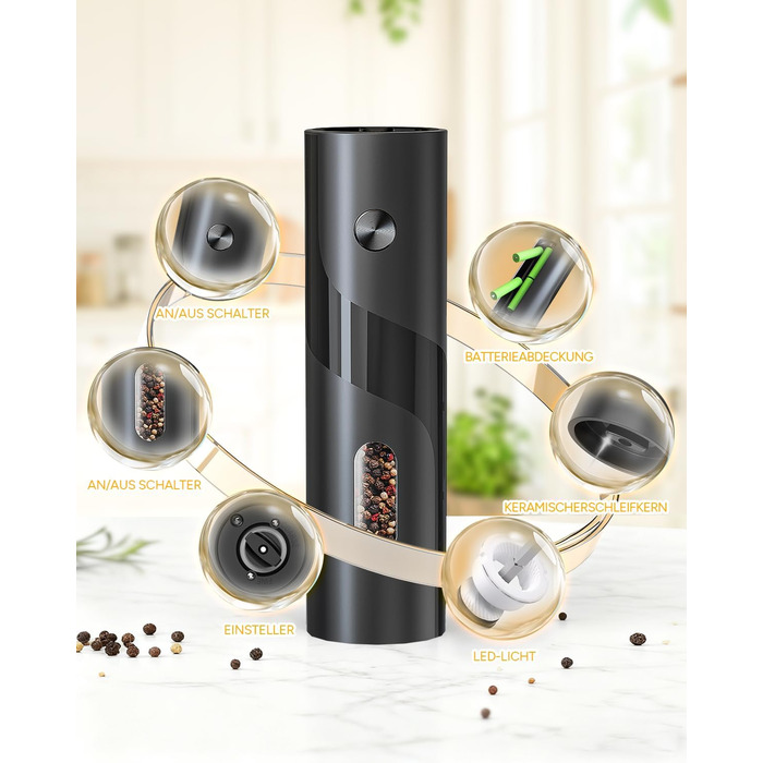 Електричні соляні та перечні млини, верхнє завантаження, 5-рівневе регулювання помелу, об'єм 120мл, набір 2 шт. з підсвічуванням LED