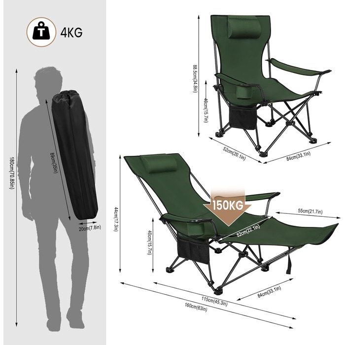 Набір кемпінгових стільців WOLTU 2 шт. з підставкою для ніг, пляжний стілець-трансформер, стілець для риболовлі з підсклянником та сумкою для зберігання (Зелений)