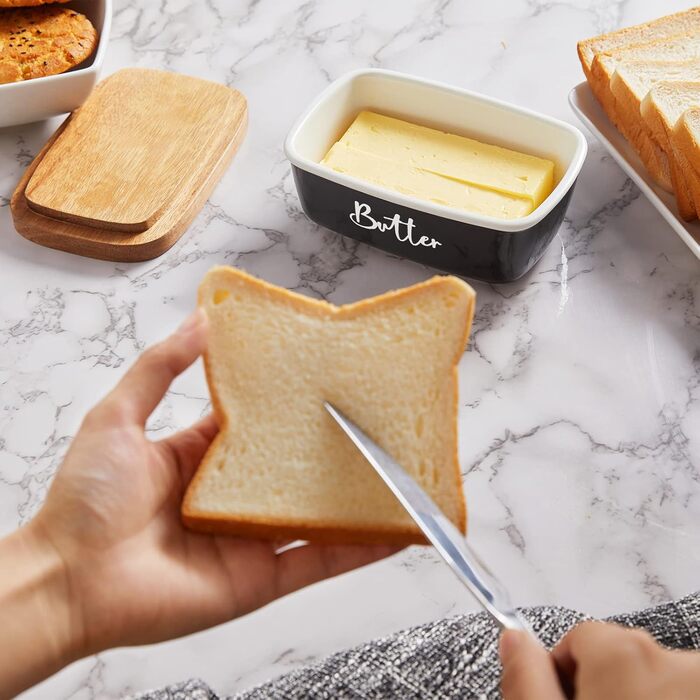 ALELION Butter Dish, large ceramic butter dish with lid for countertop, vintage butter holder with wooden lid, for home, kitchen decoration, butter container holds two butters, black