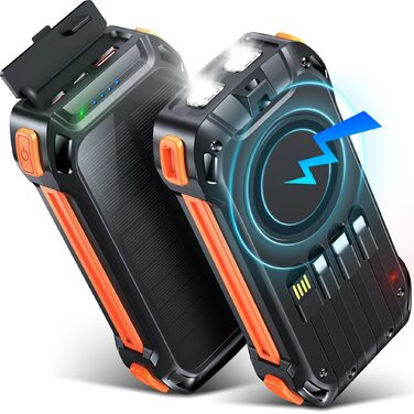 Сонячний Power Bank 26800mAh з 4 кабелями, 30W USB-C, SOS ліхтарик, 7 виходів, для телефону, планшету, кемпінгу (Оранжевий)