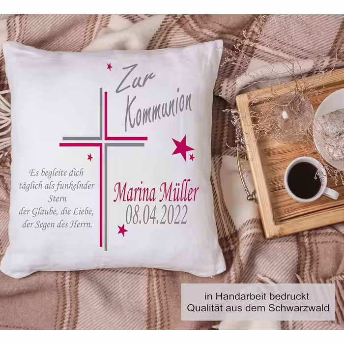 Deluxe First Communion Gift, Personalized Pillow Printed for Boys and Girls, with Name, Date, Custom Saying | Decorative Pillow, | Cozy Pillow 40X40 (with pillow filling, Magenta)