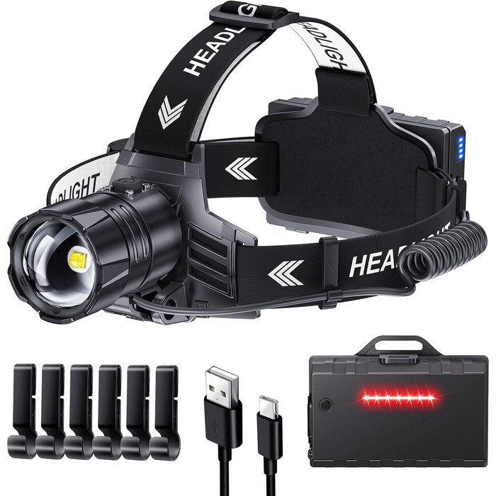 Rechargeable LED Headlamp, Super Bright 120000 Lumens Headlamp with 5 Light Modes & IPX7 Waterproof & 9000mAh BATTERY & Zoomable, 120° Adjustable Headlamp for Camping, Fishing, Outdoor