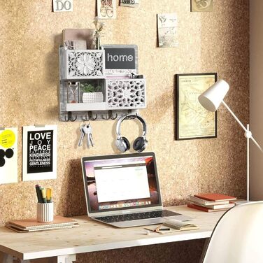 Дерев'яний ключниця з полицею на стіну, органайзер для ключів з 2 відсіками для листів, крейдяною дошкою та 8 гачками, вінтажний білий