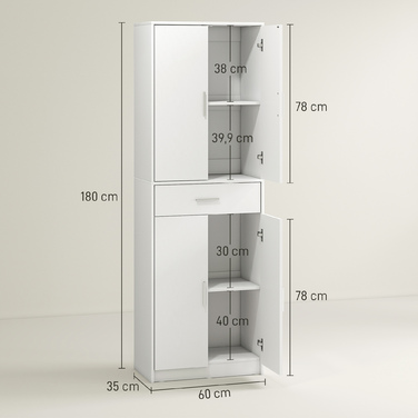 HOMCOM Kitchen Cabinet Tall Cabinet with Adjustable Shelves, 4-Door Buffet Cabinet with Drawer, Pantry Cabinet with Scandinavian Design, White | Aosom