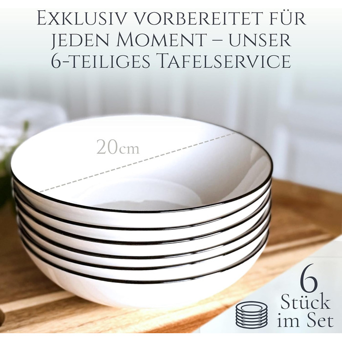 Набір посуду Porzellan Crystal 24 елементи для 6 осіб: тарілки, миски, тарілки для їжі. Білий посуд з чорним краєм Pure Living.