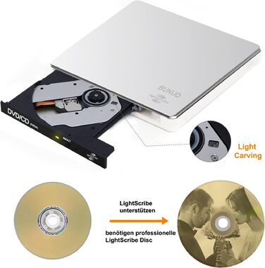 Зовнішній DVD-накопичувач BUNUD Lightscribe для Mac та Windows: USB 3.0 Type-C, DVD-записувач з картридером SD/TF та 2 USB-портами для MacBook, iMac, ноутбуків та PC
