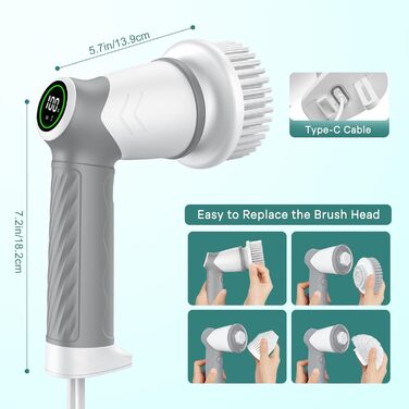 Електрична щітка для прибирання 7 в 1 з регульованою ручкою, змінними насадками, 2 швидкості, для дому, плитки, ванни, білий колір, IPX7