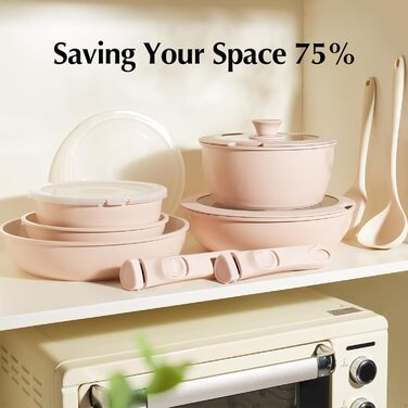 Набір посуду Redchef 16 предметів: каструлі та сковороди з керамічним антипригарним покриттям, знімні ручки, без PFAS, PFOA та PTFE, для кемпінгу та приготування їжі, сумісний з духовкою (колір: рожевий)