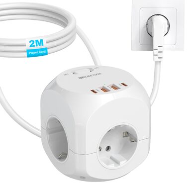 Блок розеток з USB-C, 4 розетки, плоский штекер, індивідуальне вмикання, багаторозетка-куб з 2м плетеним кабелем для офісу, дому, подорожей - білий 002-MF (4 розетки 2м)