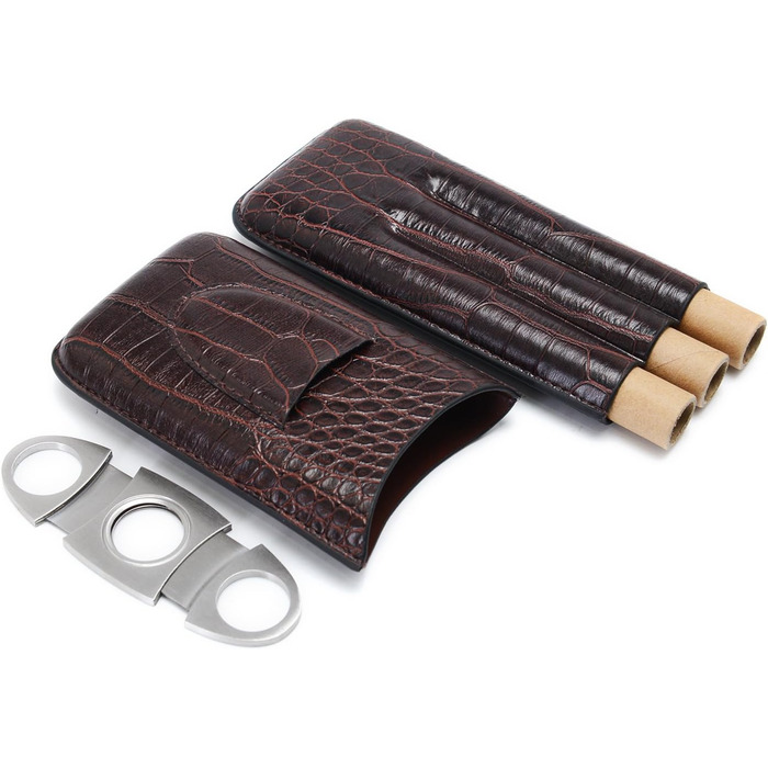 Вишуканий тютюнець для сигар з натуральної шкіри, на 3 сигари, з різаком, коричневий - ідеальний подарунок для чоловіків