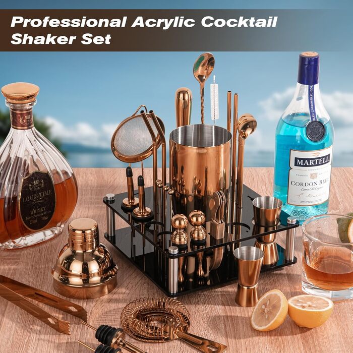 Набір шейкер для коктейлів KINGROW 29 предметів: барменський набір з обертовим стендом | Набір для приготування напоїв з аксесуарами для дому, бару, вечірки | Золотий
