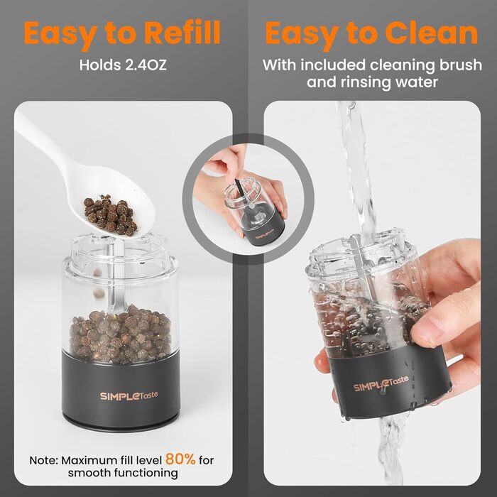 Електричні мельниці для спецій SIMPLETASTE 2 шт. з регульованим керамічним жорном, ABS, працюють від батарейок