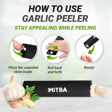 MiTBA Garlic Press Set with Non-Slip Grips - Includes Silicone Tube Peeler & Cleaning Brush