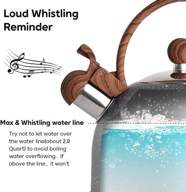 Чайник VONIKI з нержавіючої сталі 2,5 л з свистком для плити, з дерев'яною ручкою, сірий, для приготування чаю та як подарунок