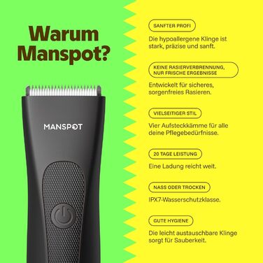 Електричний тример для тіла MANSPOT Intimrasierer для інтимної зони, обличчя та бороди з керамічною бритвою, 4 насадки, чорний
