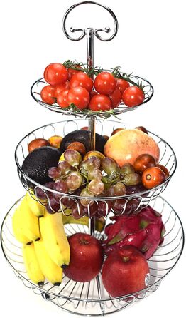 Металевий кошик для фруктів та овочів з ручкою - 3 яруси, великий, з нержавіючої сталі, з циркуляцією повітря (45см, Ø30-24-16.5см), сріблястий