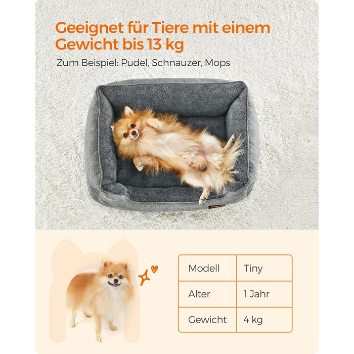 Ліжко для собак Feandrea, м'який лежак для собак з льоновим покриттям, кошик для собак, підняті бортики, неслизьке дно, знімний та пральний чохол, M, для маленьких собак, 70 x 55 x 21 см, світло-сірий