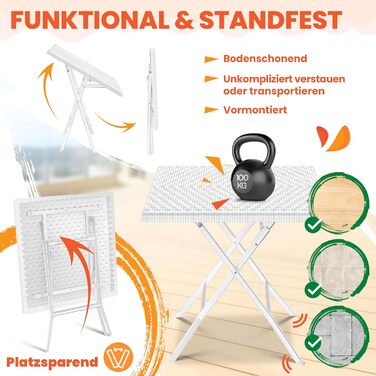 КЕССЕР® Балконний столик розкладний | Стійкий до погодних умов/УФ-стійкий | Балконні меблі з покриттям зі сталі та ротангу | Садовий стіл для вулиці | Меблі для саду з 6 фетровими підставками | Бістро-стіл витримує до 100 кг | Ротанг, білий