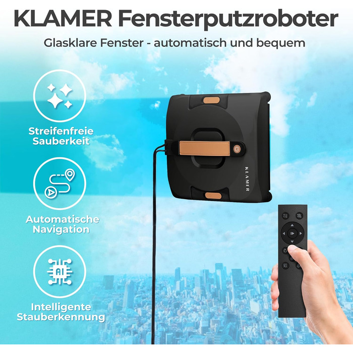 Робот для миття вікон KLAMER 3500 Pa: автоматичний очищувач з резервуаром для води 100 мл, режим вологого очищення, виявлення країв, тихий (60 дБ), захист від падіння, смарт-планування (Чорний)
