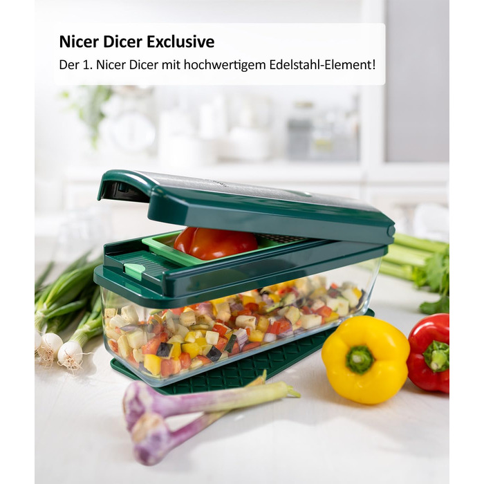 Набір для нарізки овочів Genius Nicer Dicer Exclusive 15 елементів: кубики, томати, тертка, слайсер, контейнер 2500 мл, зелений