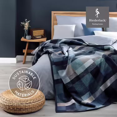 biederlack® Fluffy Throw Blanket made of cotton blend | Made in Germany | Öko-Tex certified | sustainably produced | Living blanket Color Squares Dark Blue in dark blue-grey | Sofa blanket in 150x200 cm