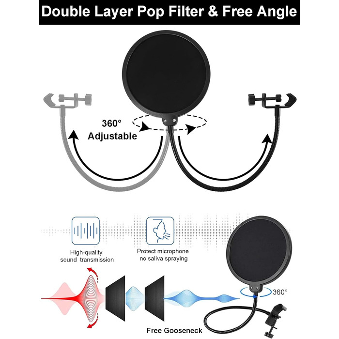 Тримач для мікрофона на подовжувачі, регульований кріплення для Blue Yeti, Yeti Nano, Elgato Wave, HyperX QuadCast, Fifine AM8 та інших мікрофонів, з різьбою 3/8' - 5/8' 1/4', поп-фільтр, кріплення для мікрофона