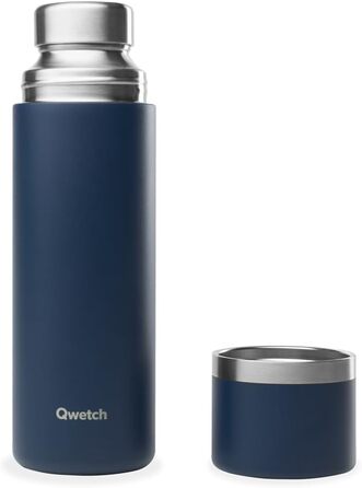 Qwetch Stainless Steel Thermos - 750ml Insulated Flask & Thermos Bottle with Recycled Stainless Steel Cup - 24h Cold & 12h Hot - Leakproof, BPA-Free & Perfect for Coffee & Tea - Brushed Stainless Steel, Marine Blue