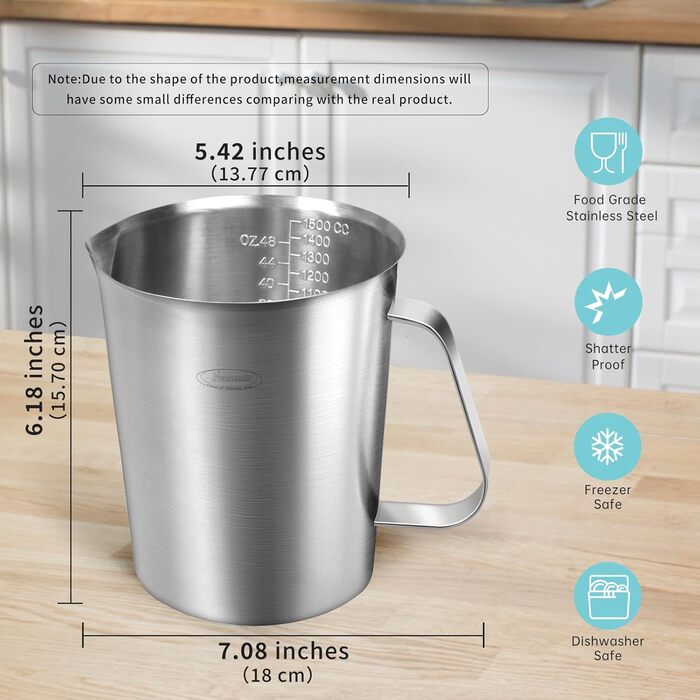 Newness Focus on stainless steel measuring cups, 1500 ml stainless steel measuring cup, improved, 3 types of markings, including ml, oz, and cup, stainless steel milk frothing cup with markings and handle