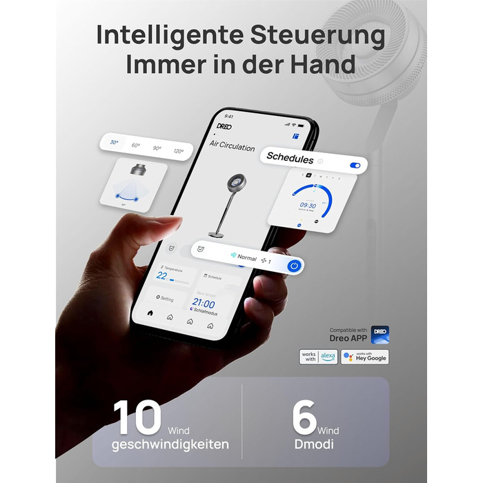 Вентилятор Dreo з інтелектуальним керуванням, висота 101,6–111,8 см, тихий DC вентилятор для спальні, кут огляду 120°+85°, повітряний потік 30,5 м, срібний