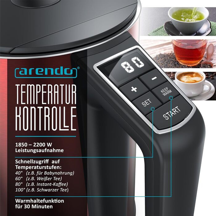 Електричний чайник Arendo з регулюванням температури 40-100°C, 1,5 л, 2200 Вт, модель ELEGANT, червоний