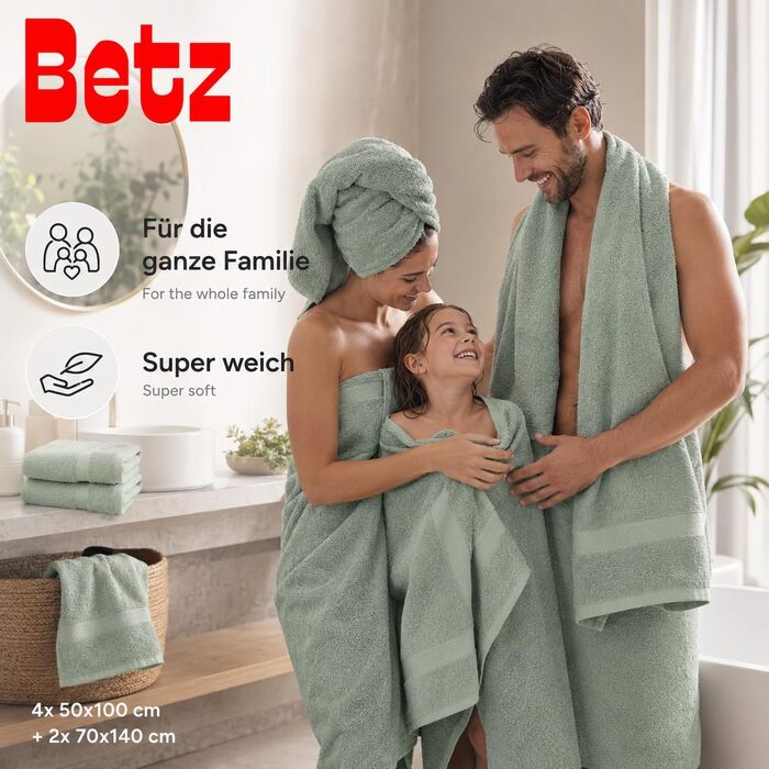 Набір рушників для ванної Betz Premium, 6 шт. (4 шт. 50x100 см, 2 шт. 70x140 см), 100% бавовна, колір сірий-зелений (Heugrün)