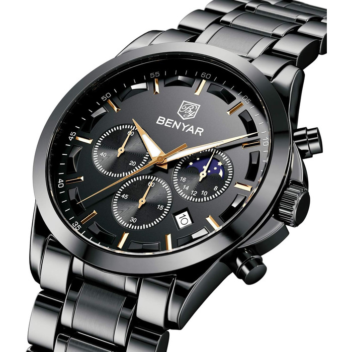 Годинник чоловічий Benyar 5160 чорний - Хронограф, аналоговий, кварц, водонепроникний, з датою | Чоловічий годинник для бізнесу та моди