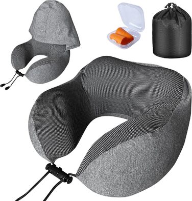 Подушка для шиї у подорожах з капюшоном та навушниками, віскоеластична подушка для шиї
