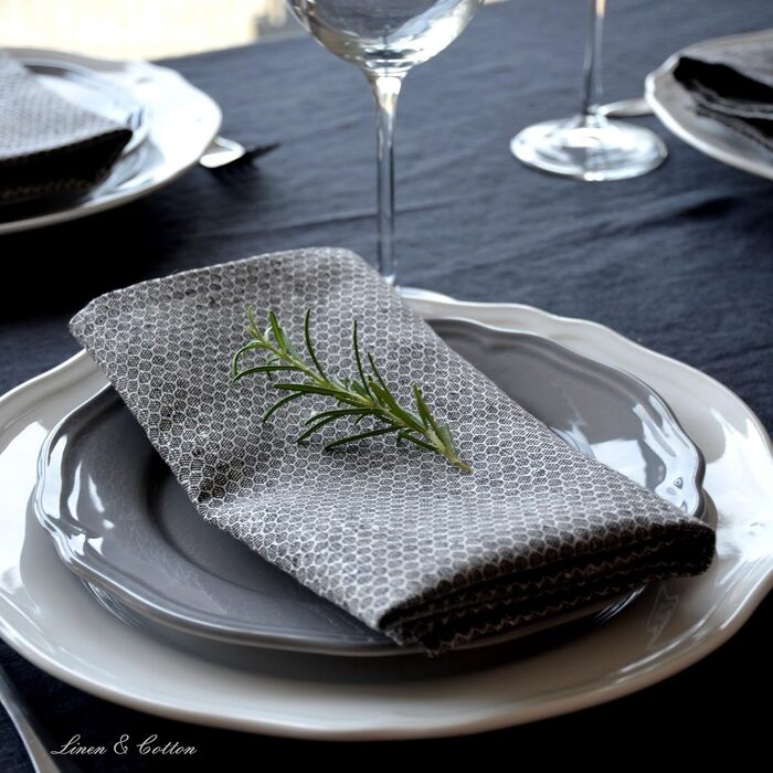 Linen & Cotton Schön Edel 4 x Cloth Napkins Honeycomb - 100% Linen, Black Beige Gray (47 x 47cm) Napkins Fabric Linen Napkins Table Decoration for Wedding Party Catering Christmas