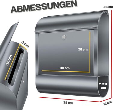 Поштовий ящик настінний KESSER XXL нержавіюча сталь, з газетницею, замок (3 ключі), антрацит